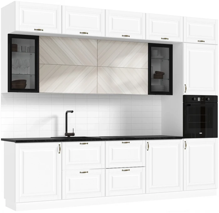 Кухня Престиж 3,0м Компановка №2 Белый/Браш Вайт/Прайм жемчуг