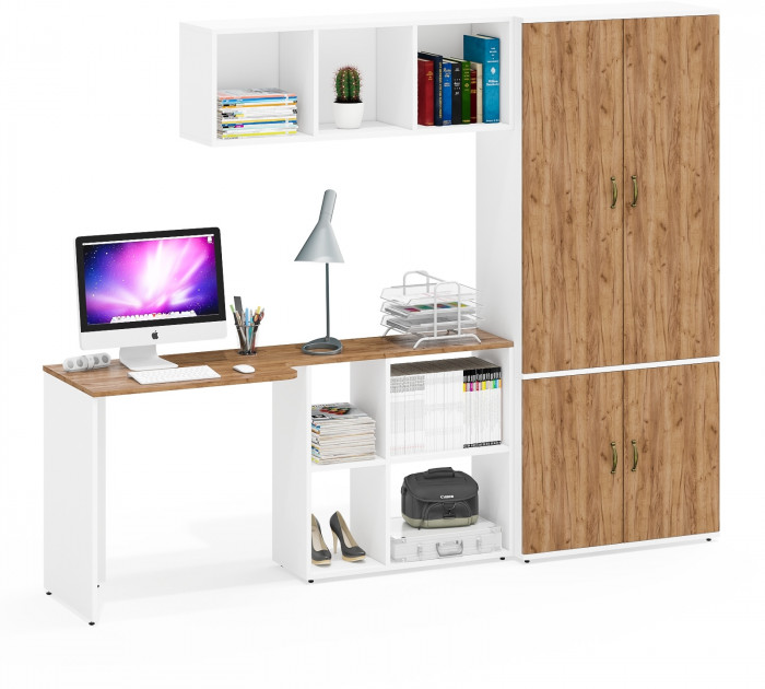 Лидер-8 Стол + Полка + Шкаф МД 20Б, белый шагрень/крафт золото