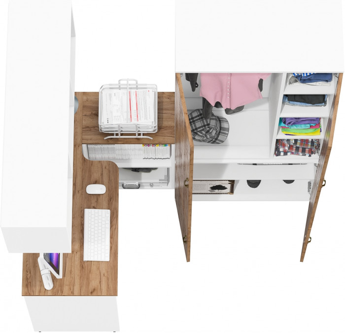 Лидер-8 Стол + Полка + Шкаф МД 20Б, белый шагрень/крафт золото