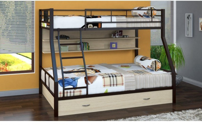 Двухъярусная кровать Гранада-1ПЯ, коричневая / Дуб (Дуб молочный, Серый)