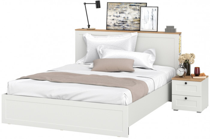 Остин 11.53 Кровать + ортопед + 16.152 Тумба прикроватная, белый шагрень/дуб крафт золотой