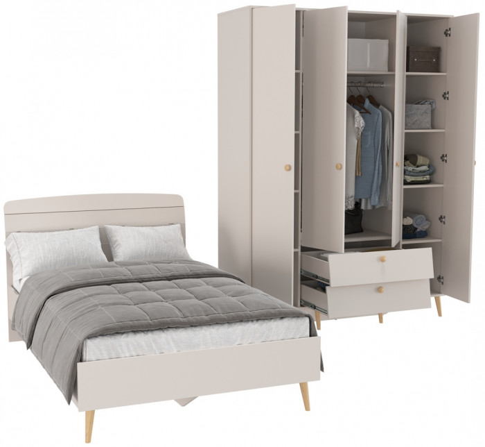 Афина Спальня Кровать 1200 + Шкаф 4-х дверный, цвет кашемир серый, ШхГхВ 123,6х210,2х95,7 + 160х56,3х220 см., сп.м. 1200х2000 мм., б/м, осн. есть