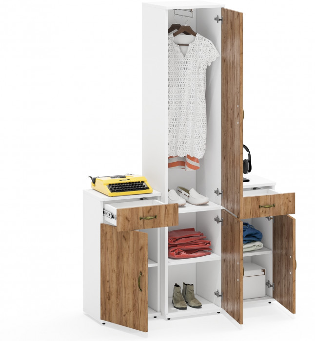 Лидер-8 Пенал МД 21Б + Тумба МД 3.15 + Тумба МД 3.15, цвет белый шагрень/крафт золото, ШхГхВ 120х37,5х190 см., универсальная сборка