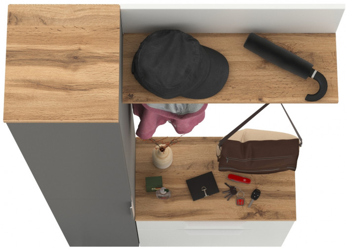 Октава Прихожая 50, цвет белый шагрень/серый графит/дуб крафт золотой/фасады МДФ белый шагрень/серый графит, ШхГхВ 97,1х35,4х197,6 см., ун. сб.