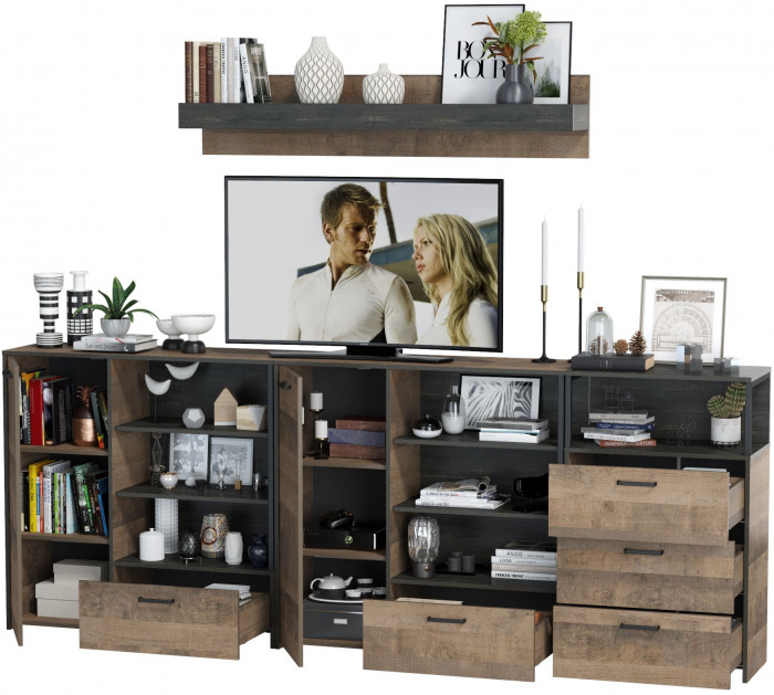 Трувор Гостиная 005, цвет дуб гранж песочный/интра, ШхГхВ 284х37х195 см., универсальная сборка