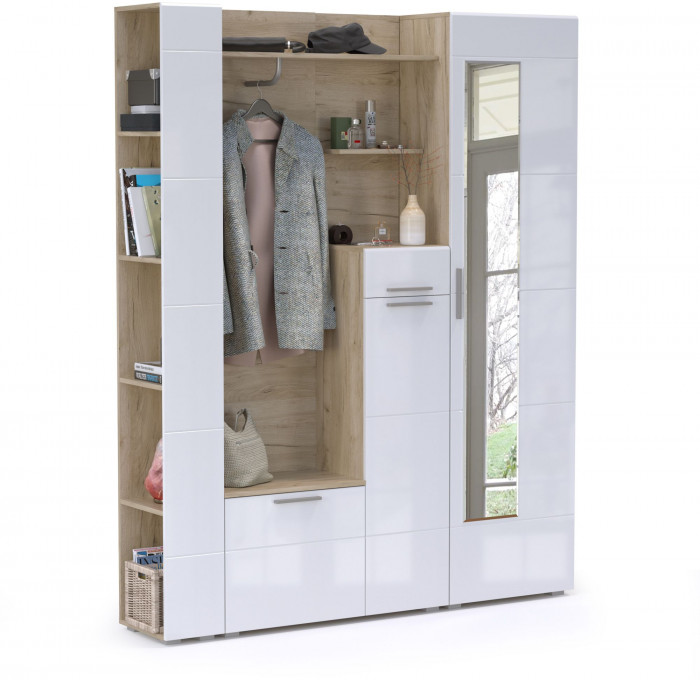 Лайн Прихожая № 08, цвет дуб крафт серый/фасады МДФ белый глянец, ШхГхВ 166,8х35,1х210 см., НЕ универсальная сборка