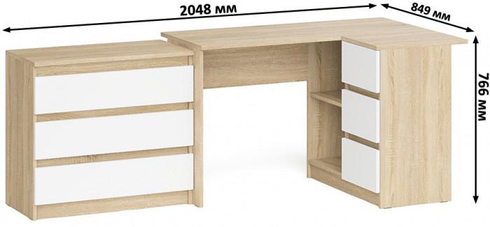 Мори компьютерный стол МС-16 правый + Комод МК800.1, дуб сонома/белый