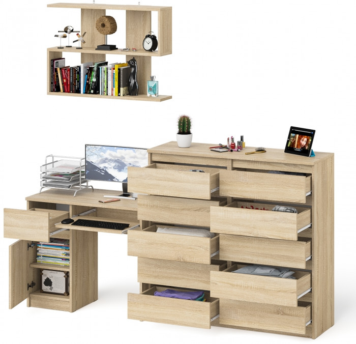 Мори Стол компьютерный МС-1 левый + Комод МК1200.10 + Полка 900, цвет дуб сонома, ШхГхВ 210,4х50х209,6 см., НЕ универсальная сборка