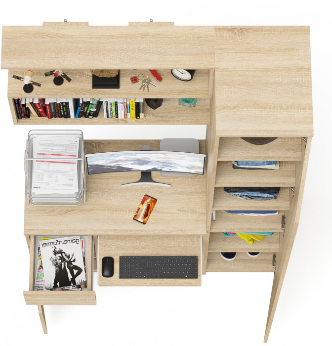 Мори Стол компьютерный МС-1 левый + Пенал МШ400.1 + Полка 900, цвет дуб сонома, ШхГхВ 130,4х50,4х209,6 см., НЕ универсальная сборка