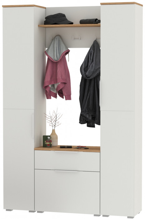 Октава Прихожая 18, цвет белый шагрень/дуб крафт золотой/фасады МДФ белый шагрень, ШхГхВ 129,3х35,4х197,6 см., универсальная сборка