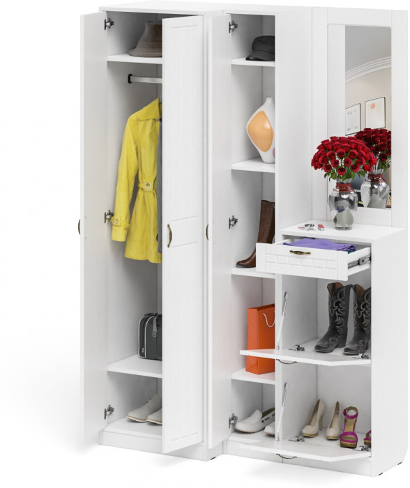 Прихожая П-6 Компоновка № 29, цвет белая шагрень/фасады МДФ белое дерево фрезеровка прованс, ШхГхВ 140х50х210 см., универсальная сборка