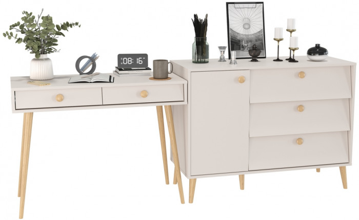 Афина Спальня Стол + Комод с дверкой и тремя ящиками, кашемир серый