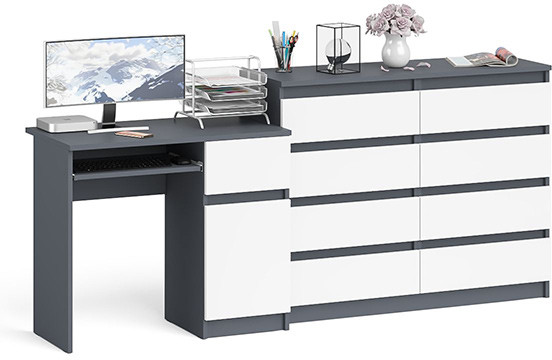 Мори компьютерный стол МС-1 правый + Комод МК1200.8, графит/белый