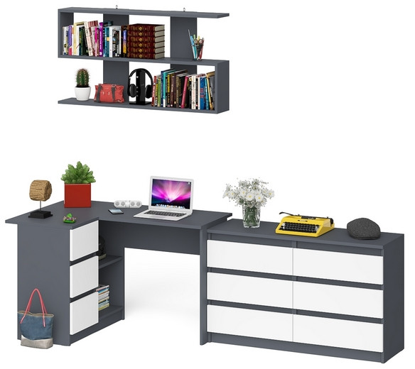 Мори компьютерный стол МС-16 левый + Комод МК1200.6 + Полка 1200, графит/белый