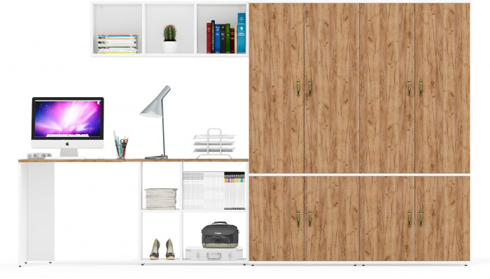 Лидер-8 Стол + Полка + Шкаф МД 20Б + Шкаф МД 20Б, цвет белый шагрень/крафт золото, ШхГхВ 325х50/37,5х75/190 или 115х240/50х75/190 см., НЕ ун. сборка