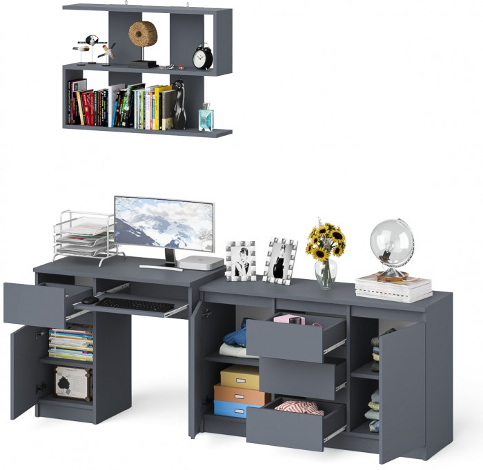 Мори компьютерный стол МС-1 левый + Комод МК1200.3 + Полка 900, графит