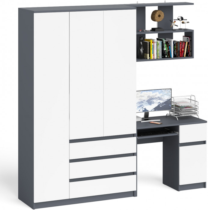Мори компьютерный стол МС-1 правый + Шкаф МШ1200.1 + Полка 900, графит/белый