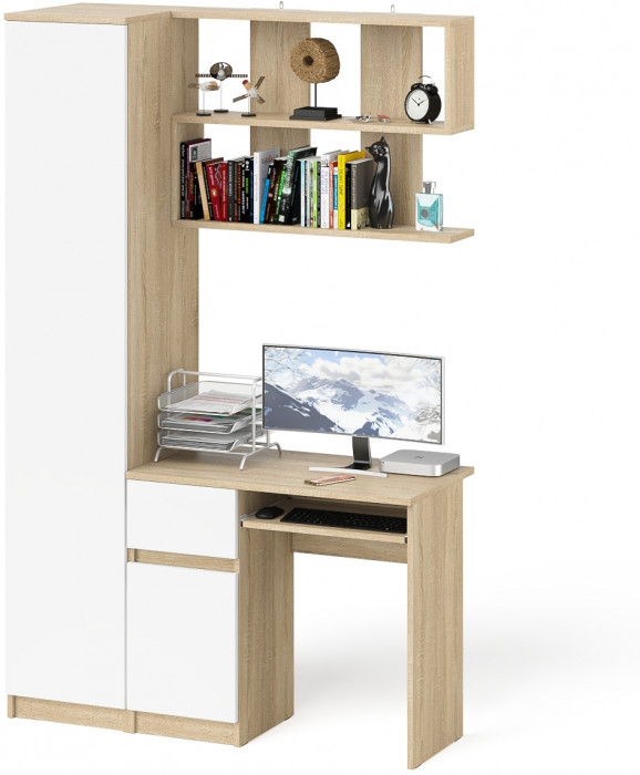 Мори Стол компьютерный МС-1 левый + Пенал МШ400.1 + Полка 900, цвет дуб сонома/белый, ШхГхВ 130,4х50,4х209,6 см., НЕ универсальная сборка