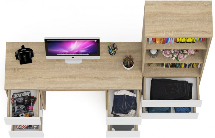 Мори компьютерный стол МС-2 + Стеллаж МСТ600.3, дуб сонома/белый