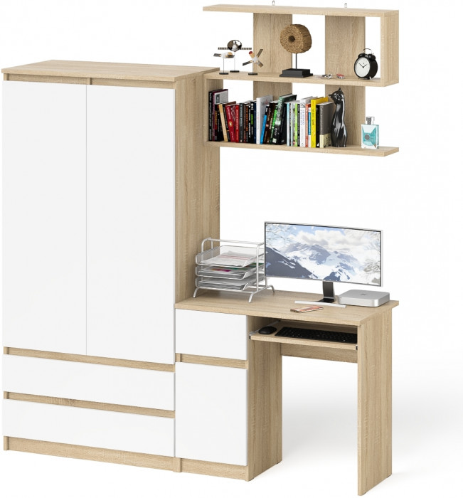 Мори Стол компьютерный МС-1 левый + Шкаф МШ900.1 + Полка 900, цвет дуб сонома/белый, ШхГхВ 180,4х50,4х209,6 см., НЕ универсальная сборка