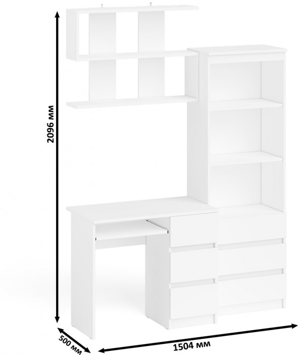 Мори компьютерный стол МС-6 правый + Стеллаж МСТ600.3 + Полка 900, белый