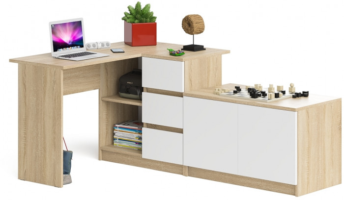 Мори Стол компьютерный МС-16 правый + Тумба МА900.1, цвет дуб сонома/белый, ШхГхВ 214,8х84,9х76,6 см., выдвижные ящики справа, НЕ универс. сборка