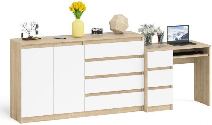 Мори Стол компьютерный МС-6 левый + Комод МК1600.1, цвет дуб сонома/белый, ШхГхВ 250,4х50х94 см., выдвижные ящики слева, НЕ универсальная сборка