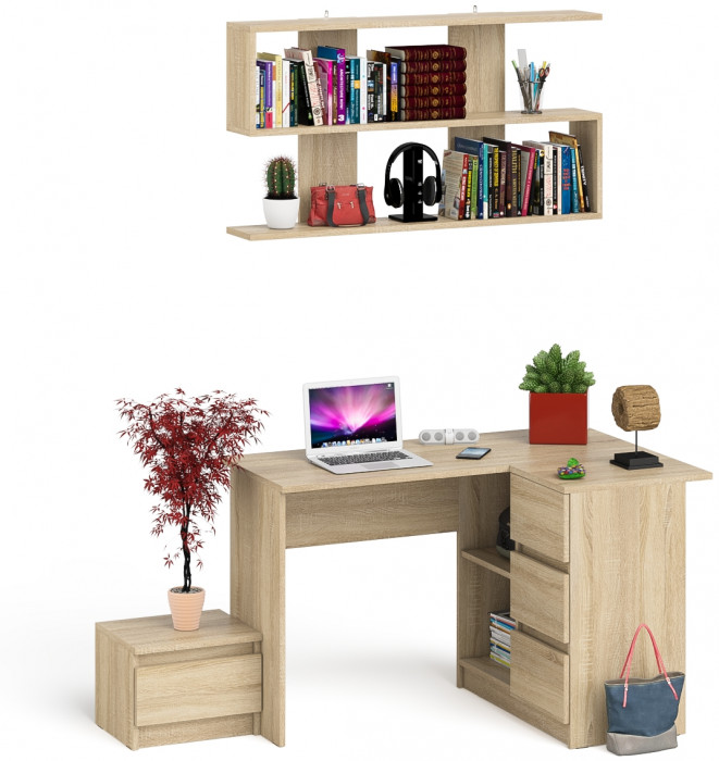 Мори компьютерный стол МС-16 правый + Тумба ТМП400.1 + Полка 1200, дуб сонома