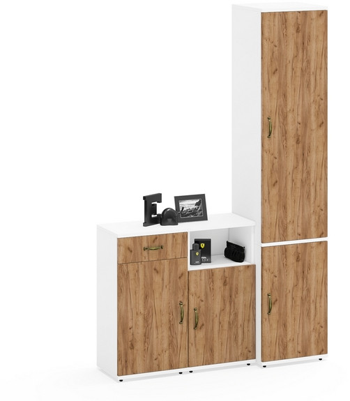 Лидер-8 Пенал МД 21Б + Тумба МД 3.15 + Тумба МД 3.19, цвет белый шагрень/крафт золото, ШхГхВ 120х37,5х190 см., универсальная сборка