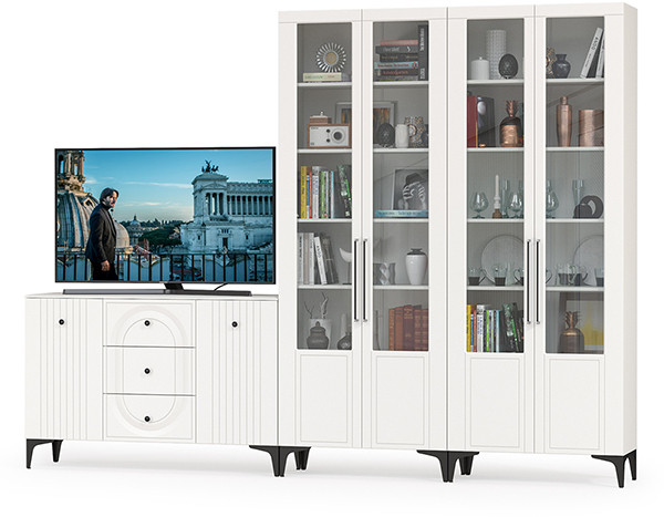 Валенсия Гостиная № 111, цвет ЛДСП белый шагрень/МДФ белый шагрень, ШхГхВ 301,4х38,4х225,2 см., универсальная сборка