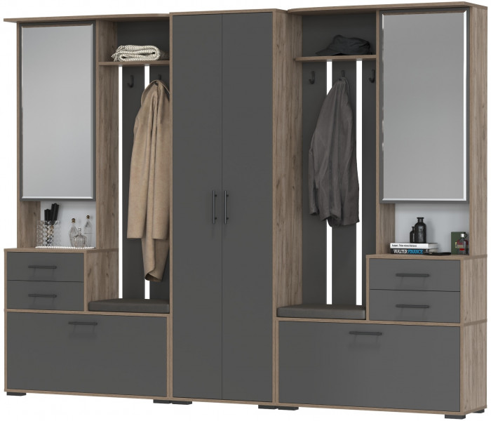 Прихожая Домино 3, цвет дуб крафт табачный/графит, ШхГхВ 260х36х202 см., универсальная сборка