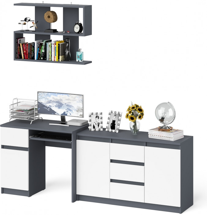Мори компьютерный стол МС-1 левый + Комод МК1200.3 + Полка 900, графит/белый