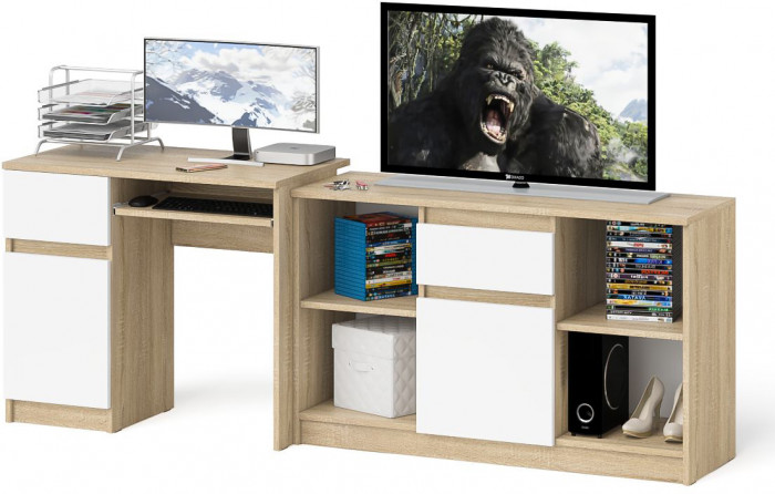 Мори компьютерный стол МС-1 левый + Тумба МТВ1204.1, дуб сонома/белый