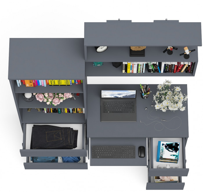 Мори компьютерный стол МС-6 правый + Стеллаж МСТ600.3 + Полка 900, графит