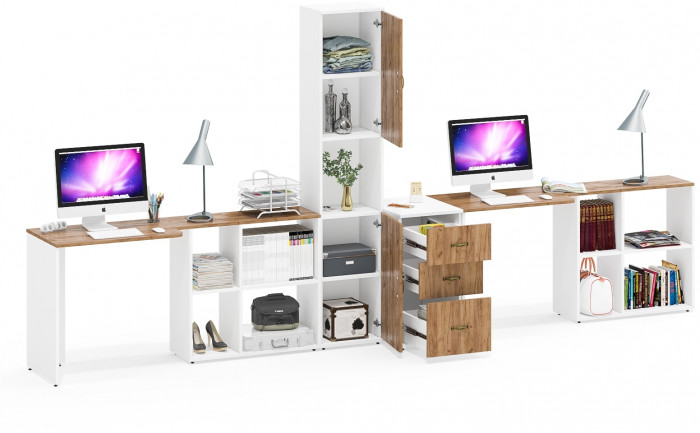 Лидер-8 Стол + Стол + Пенал + Тумба МД 3.16, белый шагрень/крафт золото