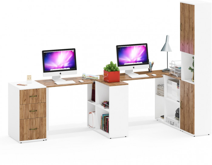 Лидер-8 Стол + Стол + Пенал + Тумба МД 3.16, белый шагрень/крафт золото