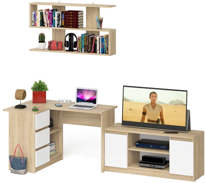 Мори компьютерный стол МС-16 левый + Тумба МТВ1200.1 + Полка 1200, дуб сонома/белый