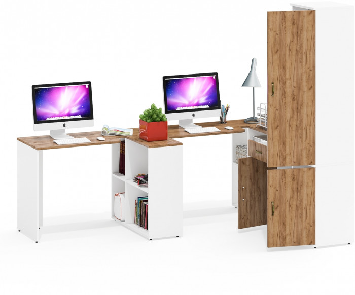 Лидер-8 Стол + Стол + Пенал МД 21Б + Тумба МД 3.15, цвет белый шагрень/крафт золото, ШхГхВ 410х50/37,5х75/190 или 230х160/50х75/190 см., НЕ ун. сб.