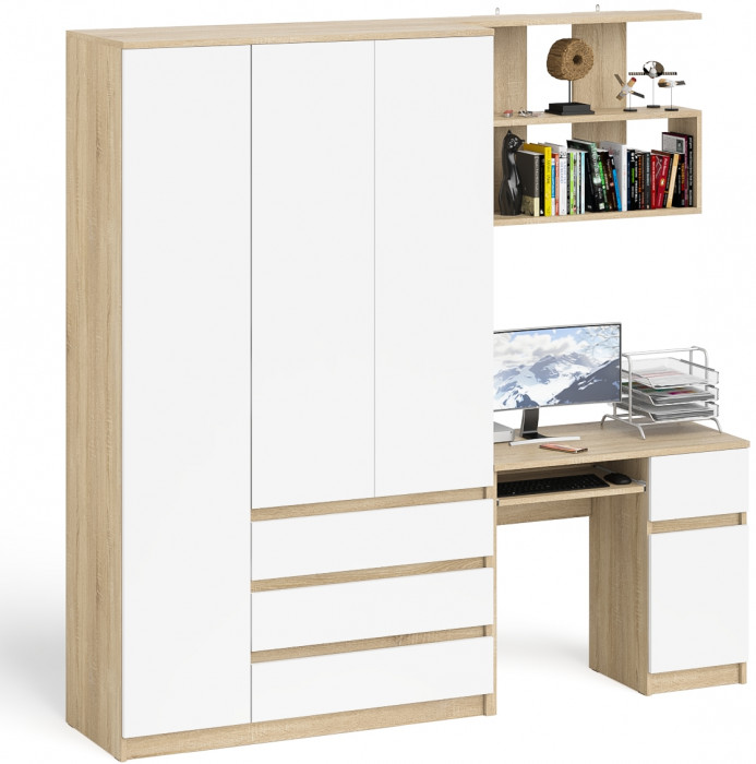 Мори компьютерный стол МС-1 правый + Шкаф МШ1200.1 + Полка 900, дуб сонома/белый