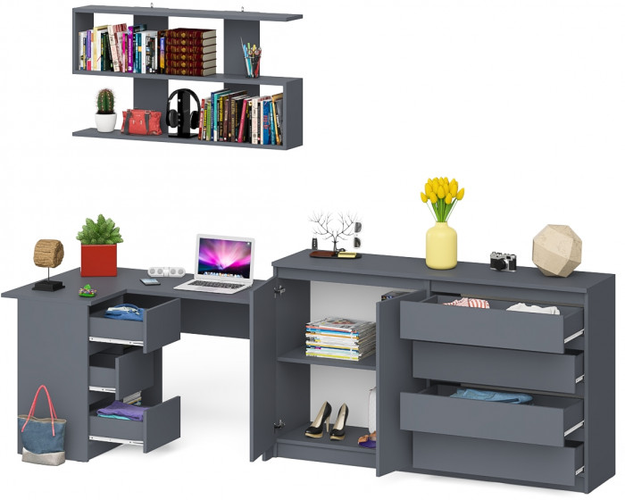 Мори компьютерный стол МС-16 левый + Комод МК1600.1 + Полка 1200, графит
