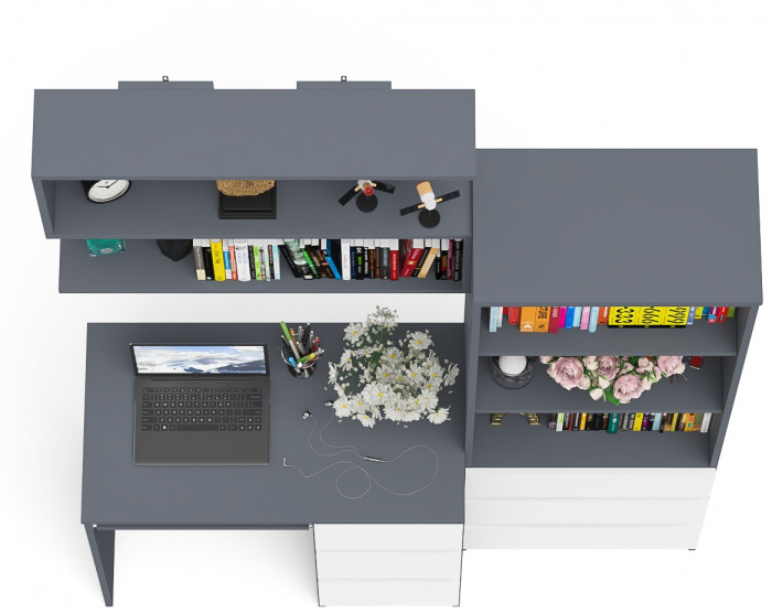 Мори компьютерный стол МС-6 правый + Стеллаж МСТ600.3 + Полка 900, графит/белый