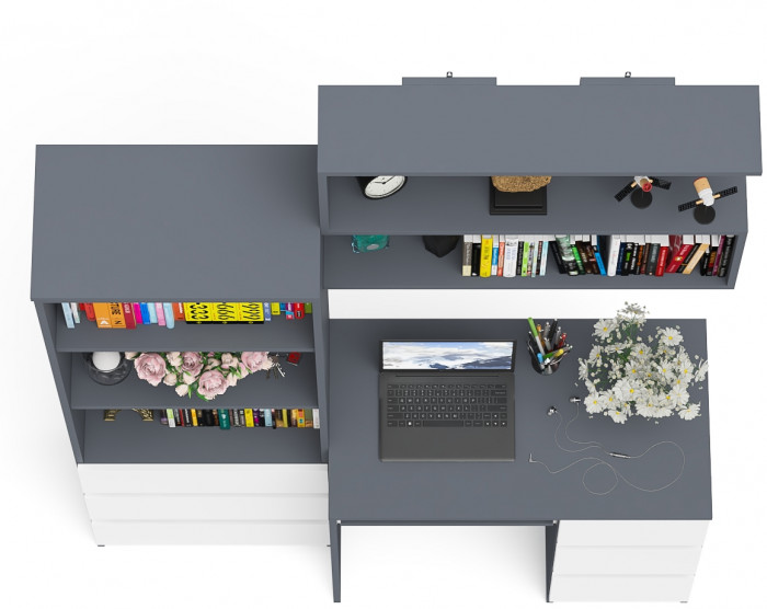 Мори компьютерный стол МС-6 правый + Стеллаж МСТ600.3 + Полка 900, графит/белый