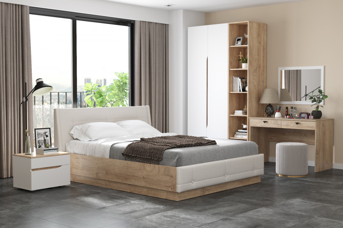 Муссон Спальня № 06, цвет белый/дуб эндгрейн элегантный/искусственная кожа белая, подъёмный ортопед, сп. м. 1600х2000 мм., б/м