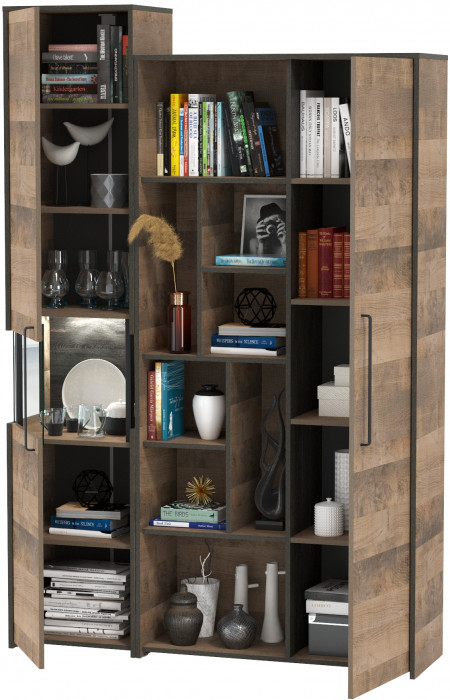 Трувор 13.205 Шкаф-пенал с витриной + 13.206 Шкаф-стеллаж, дуб гранж песочный/интра