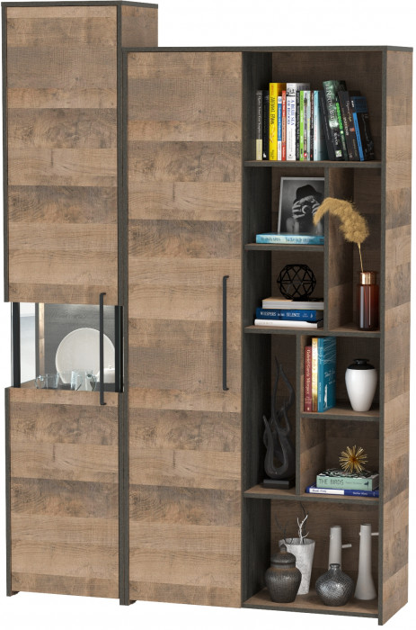 Трувор 13.205 Шкаф-пенал с витриной + 13.206 Шкаф-стеллаж, дуб гранж песочный/интра