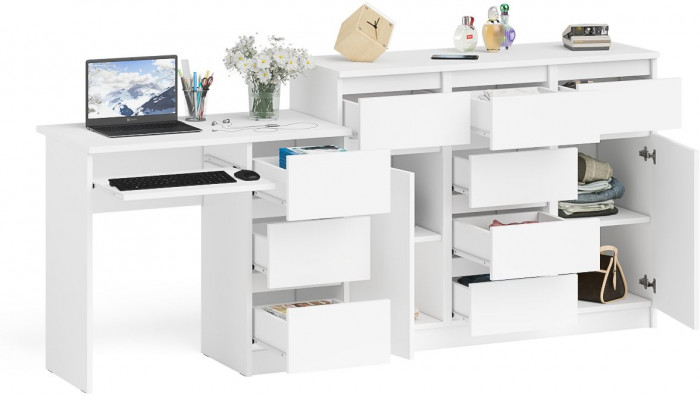 Мори компьютерный стол МС-6 правый + Комод МК1200.4, белый