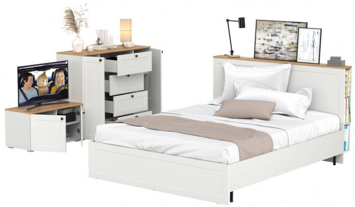 Остин 11.53 Кровать + ортопед + 16.221 Комод + 13.257 Тумба, белый шагрень/дуб крафт золотой