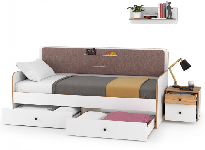 Вуди Компоновка № 33, цвет белый премиум/дуб крафт золотой/саванна латте, сп. м. 900х2000 мм., б/м, основание есть, матрас высотой до 200 мм.