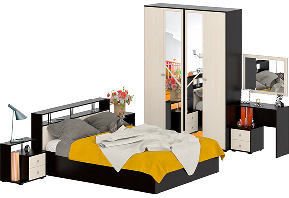 Камелия спальня № 2 Кровать 1600 + Две тумбы + Стол косметич. + Зеркало + Шкаф 4-х, цвет венге/дуб лоредо, сп.м. 1600х2000 мм., б/м, осн. есть