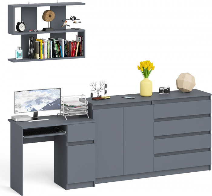 Мори компьютерный стол МС-1 правый + Комод МК1600.1 + Полка 900, графит